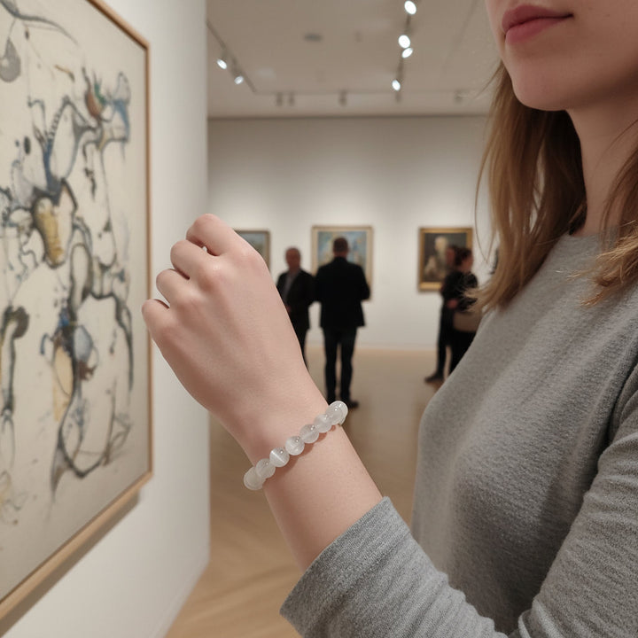 Elegant White Selenite Gemstone Bead Bracelet for Women & Men, 100% Real Gypsum, Yoga Gift - Mountauk