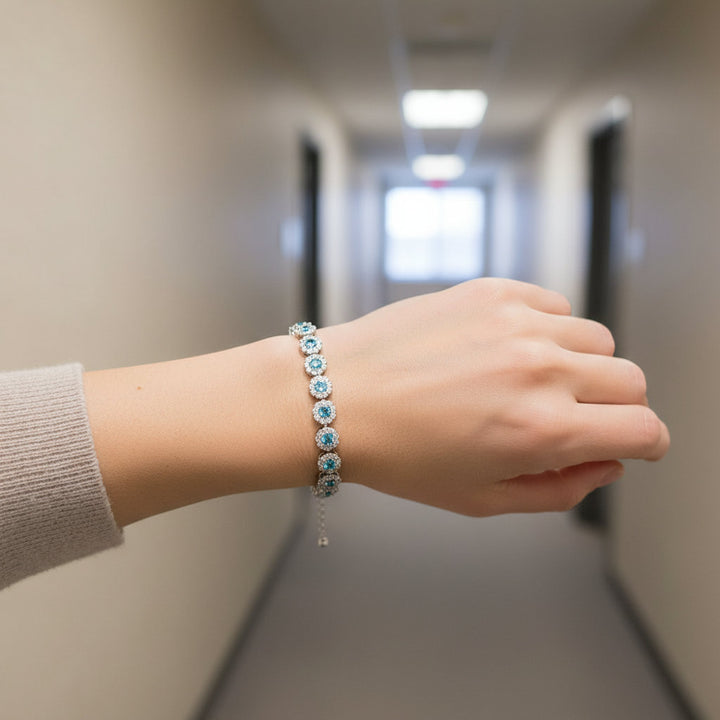 S925 Sterling Silver Sea Blue Zircon Bracelet: Elevate Wisdom with Elegant Wedding Gemstone Bangles for Women. - Mountauk