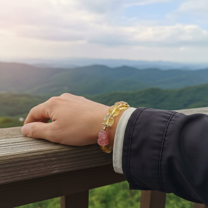 Celestial Vault – Citrine, Rutilated & Strawberry Quartz Pixiu Bracelet for Wealth, Protection & Love Attraction - Mountauk