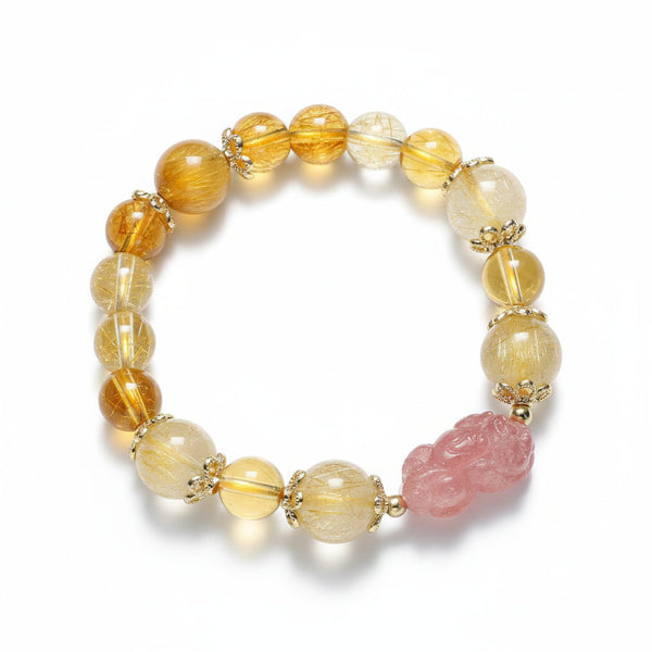 Celestial Vault – Citrine, Rutilated & Strawberry Quartz Pixiu Bracelet for Wealth, Protection & Love Attraction