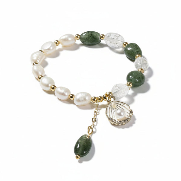 Lunar Bloom – Green Quartz, Golden Rutile & Pearl Bracelet for Emotional Wisdom, Feminine Growth & Aura Protection