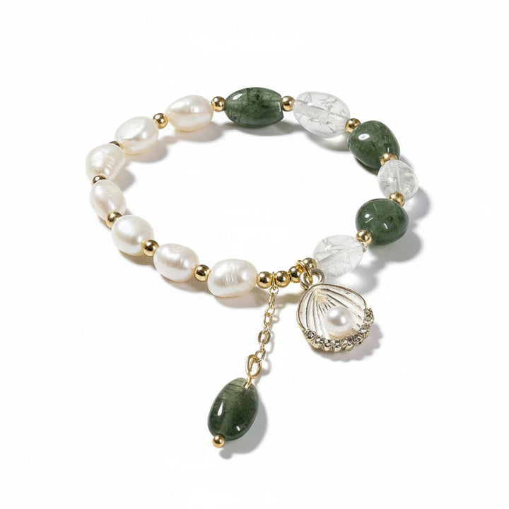 Lunar Bloom – Green Quartz, Golden Rutile & Pearl Bracelet for Emotional Wisdom, Feminine Growth & Aura Protection - Mountauk