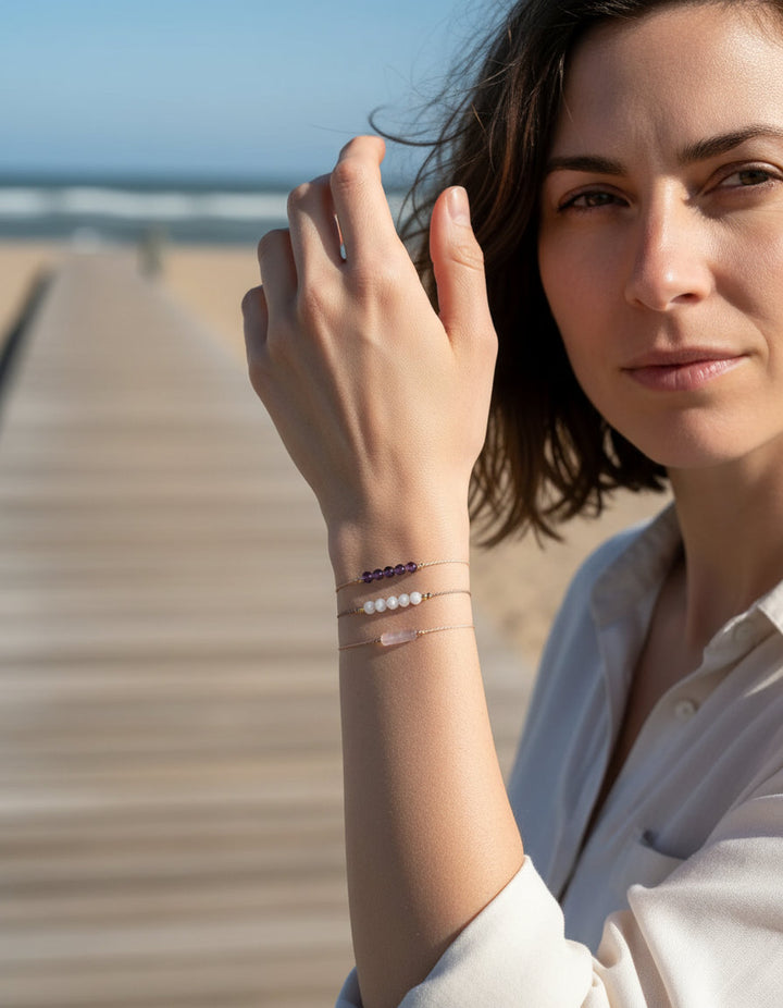 TranquilTriad – Amethyst, Moonstone & Rose Quartz Silk Bracelet Set for Emotional Balance & Inner Peace - Mountauk