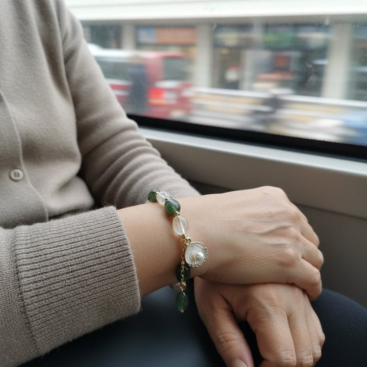 Lunar Bloom – Green Quartz, Golden Rutile & Pearl Bracelet for Emotional Wisdom, Feminine Growth & Aura Protection - Mountauk