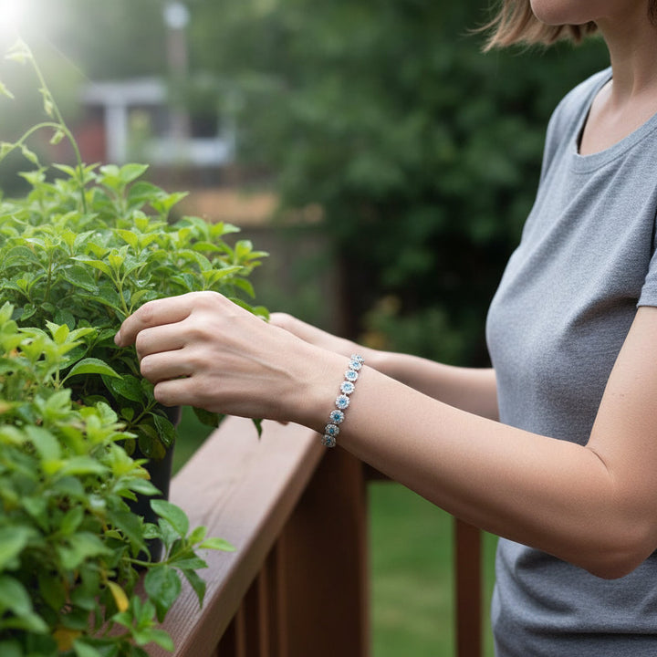 S925 Sterling Silver Sea Blue Zircon Bracelet: Elevate Wisdom with Elegant Wedding Gemstone Bangles for Women. - Mountauk