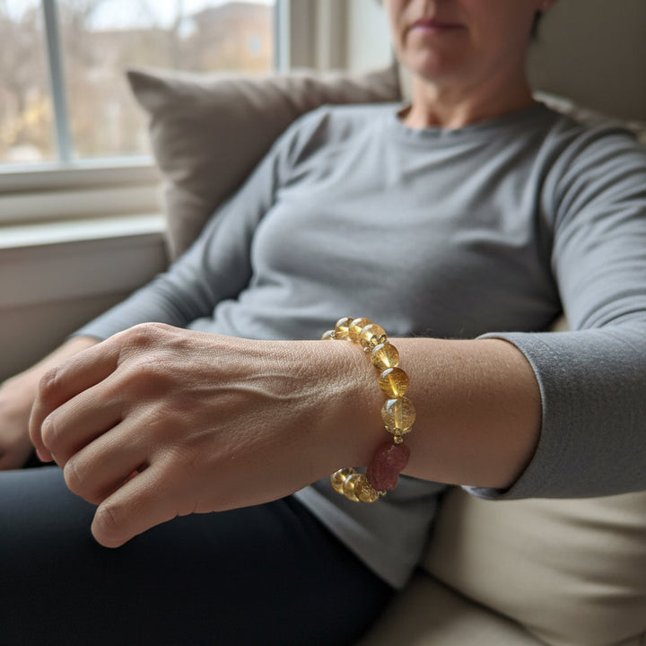 Celestial Vault – Citrine, Rutilated & Strawberry Quartz Pixiu Bracelet for Wealth, Protection & Love Attraction - Mountauk