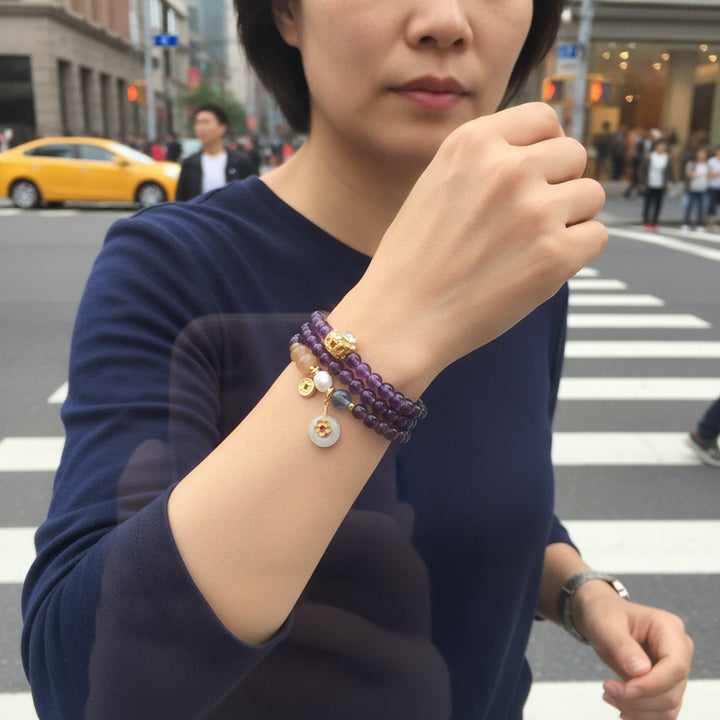 Fortune Bloom – Natural Amethyst & Jade Bracelet for Intuition, Protection Feminine Grace and Celestial Wealth – Garnet & Jade Pixiu Bracelet for Prosperity, Energy Shield & Zodiac Harmony - Mountauk