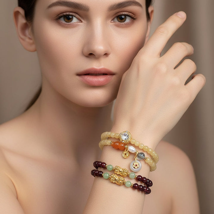 Fortune Bloom – Natural Amethyst & Jade Bracelet for Intuition, Protection Feminine Grace and Celestial Wealth – Garnet & Jade Pixiu Bracelet for Prosperity, Energy Shield & Zodiac Harmony - Mountauk