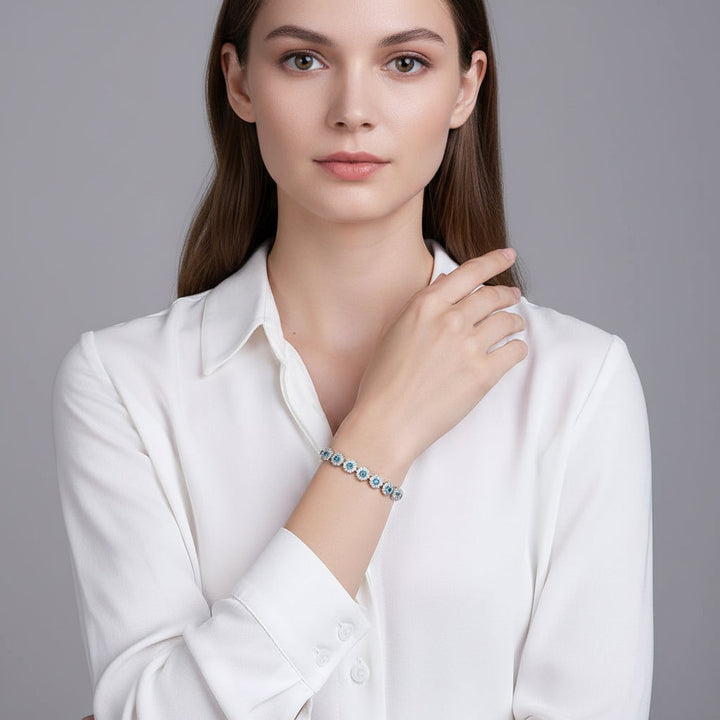 S925 Sterling Silver Sea Blue Zircon Bracelet: Elevate Wisdom with Elegant Wedding Gemstone Bangles for Women. - Mountauk