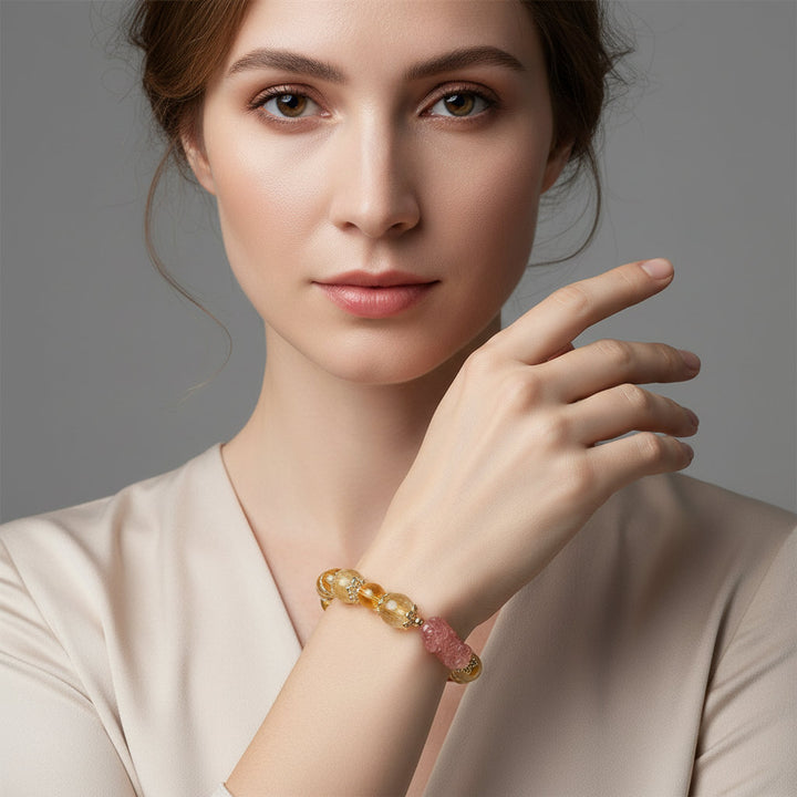 Celestial Vault – Citrine, Rutilated & Strawberry Quartz Pixiu Bracelet for Wealth, Protection & Love Attraction - Mountauk