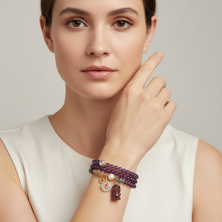 Fortune Bloom – Natural Amethyst & Jade Bracelet for Intuition, Protection Feminine Grace and Celestial Wealth – Garnet & Jade Pixiu Bracelet for Prosperity, Energy Shield & Zodiac Harmony - Mountauk