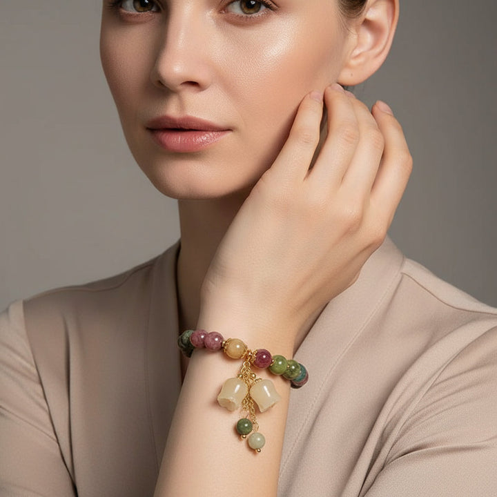 Fashion Natural Stone Bracelet Elegant Lily of the Valley Flower Pendant Elastic Beaded Bracelets for Women Party Jewelry Gift - Mountauk