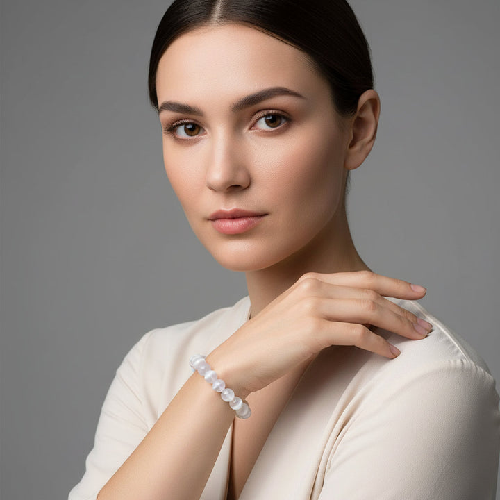 Elegant White Selenite Gemstone Bead Bracelet for Women & Men, 100% Real Gypsum, Yoga Gift - Mountauk