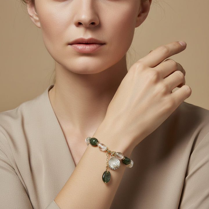Lunar Bloom – Green Quartz, Golden Rutile & Pearl Bracelet for Emotional Wisdom, Feminine Growth & Aura Protection - Mountauk