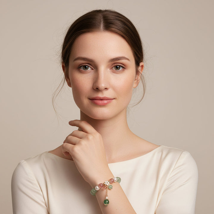 Verdant Bloom – Green Strawberry Quartz Floral Bracelet for Renewal, Creativity & Earth-Heart Harmony - Mountauk