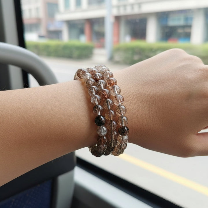 Natural Black Golden Super Seven Quartz Crystal Bead Bracelets Women Fashion Reiki Healing Energy Gemstone Bangles Wrist Jewelry - Mountauk