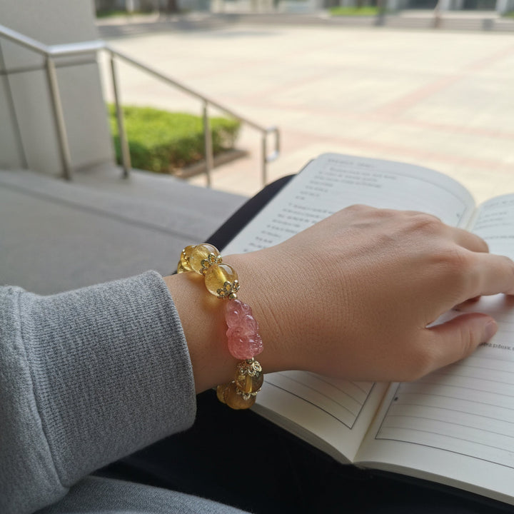 Celestial Vault – Citrine, Rutilated & Strawberry Quartz Pixiu Bracelet for Wealth, Protection & Love Attraction - Mountauk