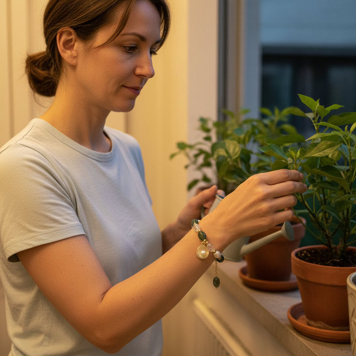 Lunar Bloom – Green Quartz, Golden Rutile & Pearl Bracelet for Emotional Wisdom, Feminine Growth & Aura Protection - Mountauk
