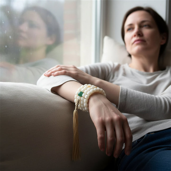 BodhiPulse – Natural White Bodhi 108-Bead Mala for Enlightenment and Mindful Living - Mountauk