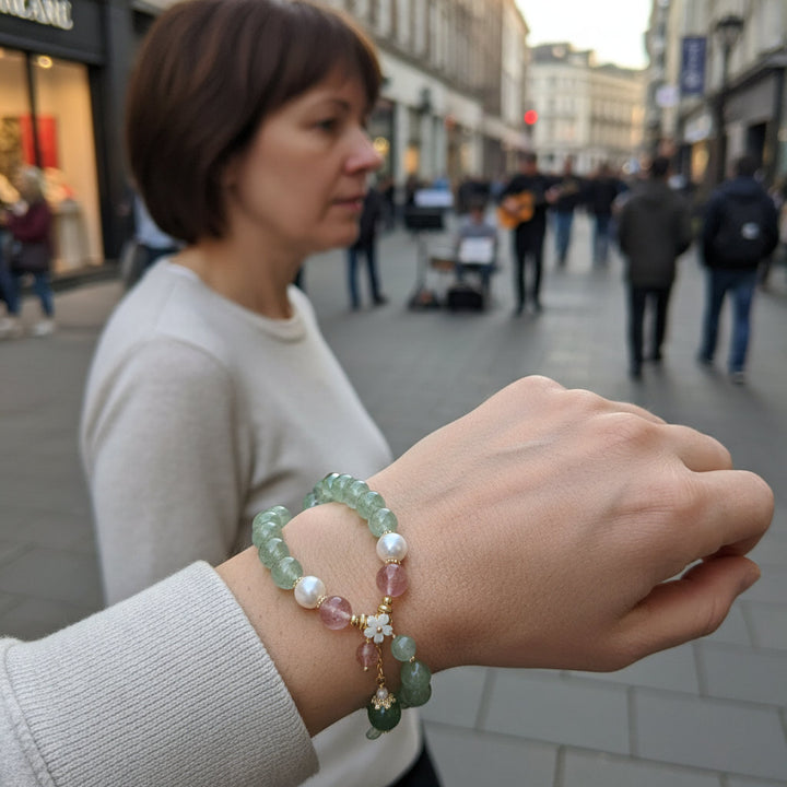 Verdant Bloom – Green Strawberry Quartz Floral Bracelet for Renewal, Creativity & Earth-Heart Harmony - Mountauk