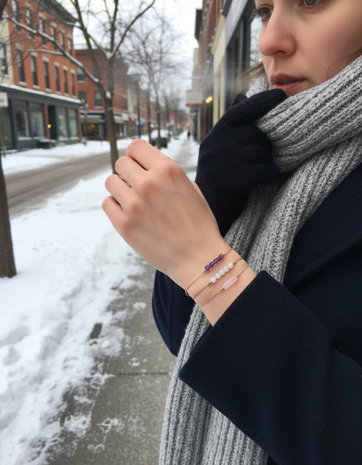 TranquilTriad – Amethyst, Moonstone & Rose Quartz Silk Bracelet Set for Emotional Balance & Inner Peace - Mountauk