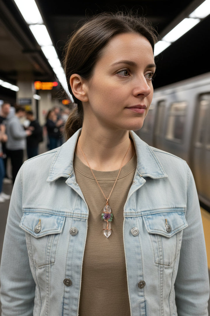 Natural Stone Rock Crystal Pendant Reiki Chakra Tree of Life Handmade Wire Wrapped Clear Quartz Pendant for Necklace - Mountauk
