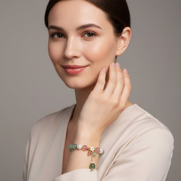 Verdant Bloom – Green Strawberry Quartz Floral Bracelet for Renewal, Creativity & Earth-Heart Harmony - Mountauk