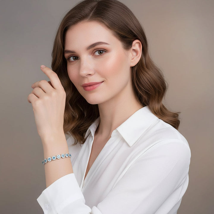 S925 Sterling Silver Sea Blue Zircon Bracelet: Elevate Wisdom with Elegant Wedding Gemstone Bangles for Women. - Mountauk