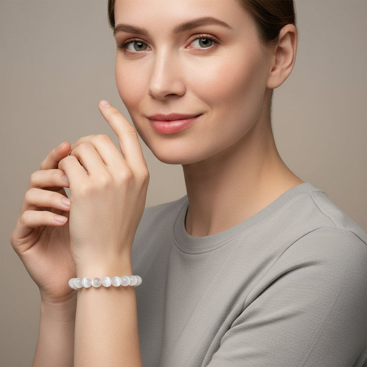 Elegant White Selenite Gemstone Bead Bracelet for Women & Men, 100% Real Gypsum, Yoga Gift - Mountauk