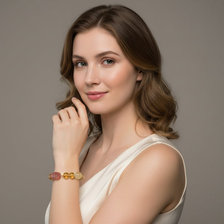 Celestial Vault – Citrine, Rutilated & Strawberry Quartz Pixiu Bracelet for Wealth, Protection & Love Attraction - Mountauk