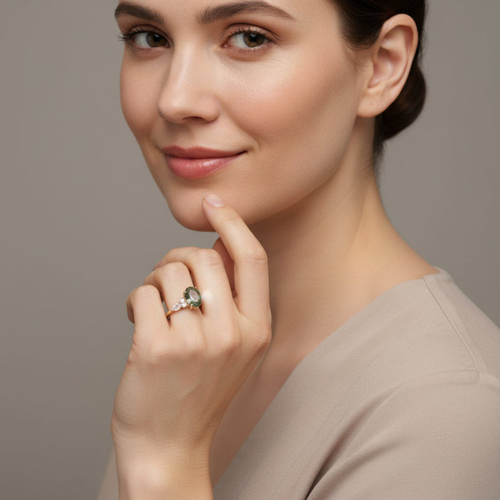 Celestial Flow – Green Quartz & Rutilated Diamond Ring for Abundance, Protection & Heart Chakra Healing - Mountauk