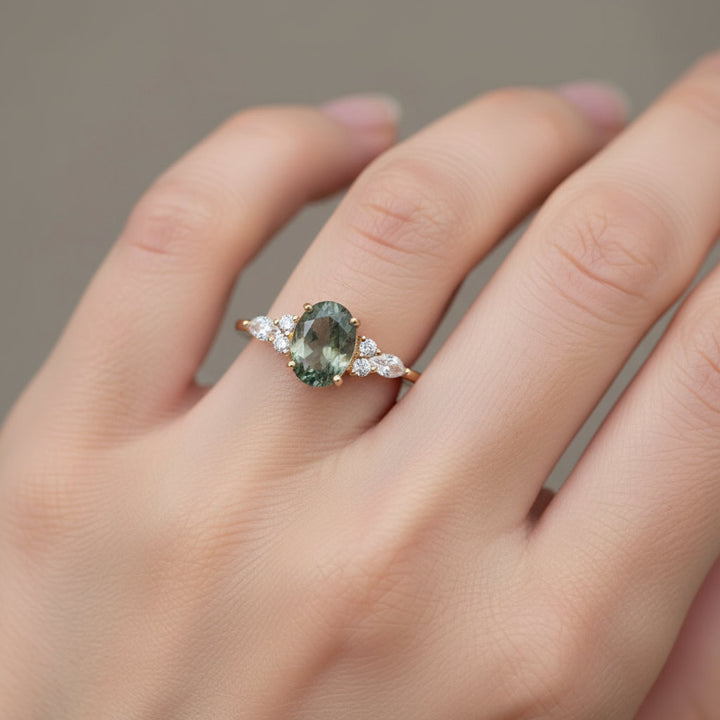 Celestial Flow – Green Quartz & Rutilated Diamond Ring for Abundance, Protection & Heart Chakra Healing - Mountauk