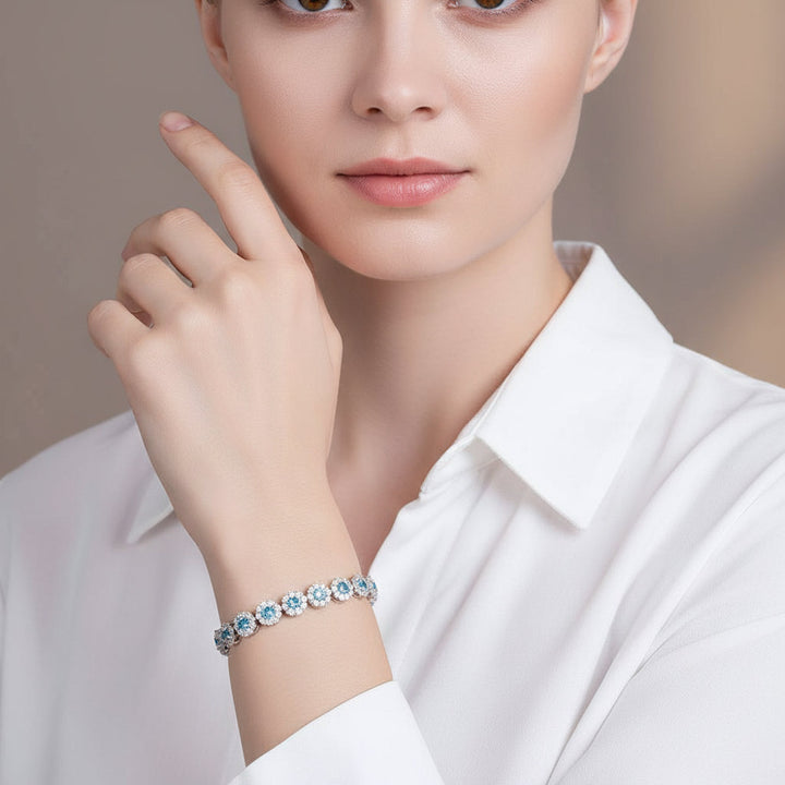 S925 Sterling Silver Sea Blue Zircon Bracelet: Elevate Wisdom with Elegant Wedding Gemstone Bangles for Women. - Mountauk