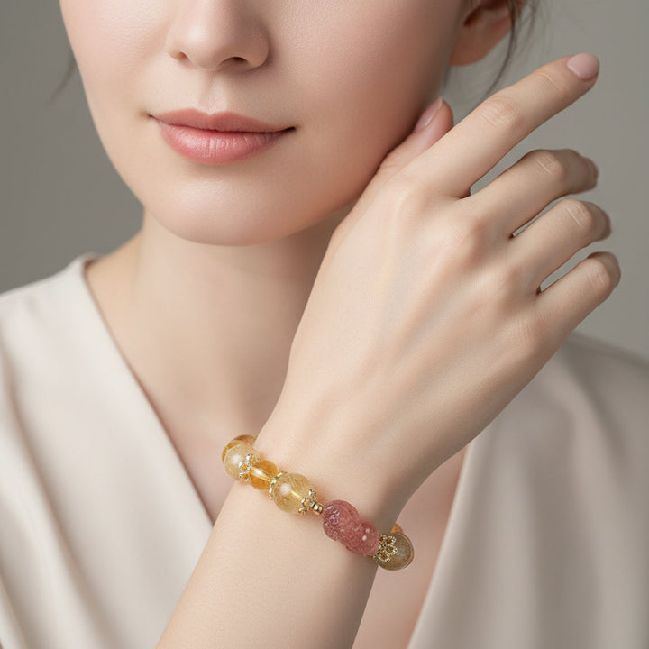Celestial Vault – Citrine, Rutilated & Strawberry Quartz Pixiu Bracelet for Wealth, Protection & Love Attraction - Mountauk