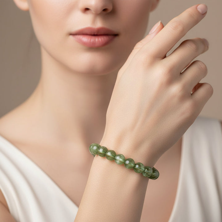 Dragon’s Vein Clarity – Natural Green Quartz & Rutilated Golden Thread Bracelet for Wealth, Intuition & Heart Chakra Healing - Mountauk