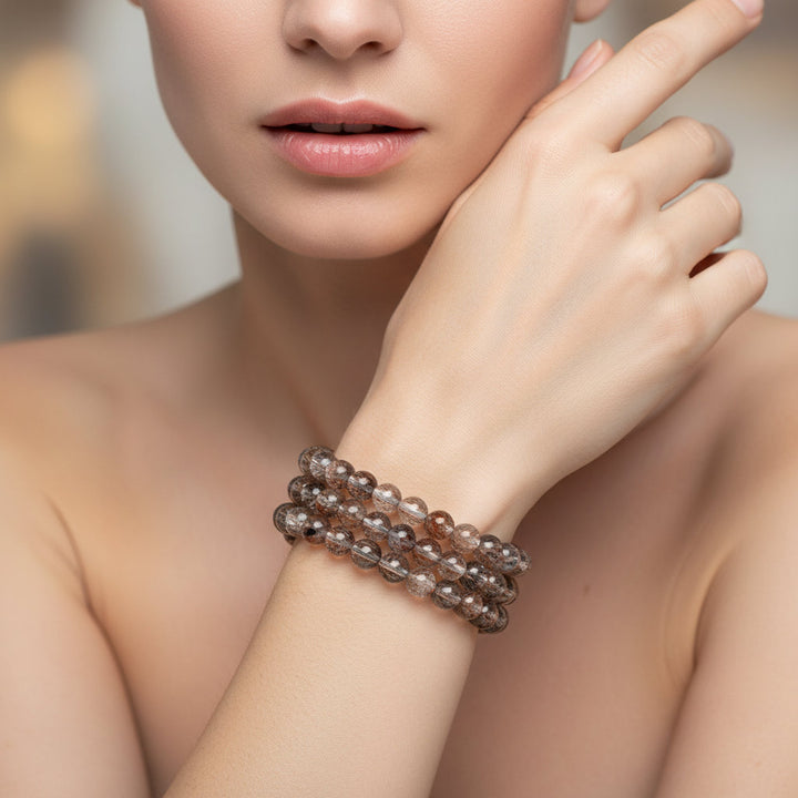 Natural Black Golden Super Seven Quartz Crystal Bead Bracelets Women Fashion Reiki Healing Energy Gemstone Bangles Wrist Jewelry - Mountauk