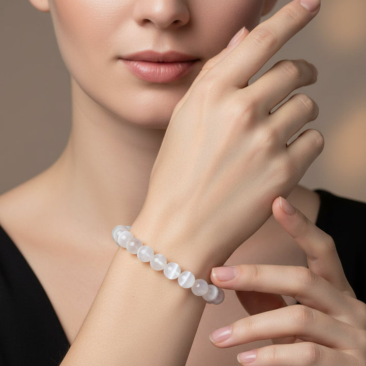 Elegant White Selenite Gemstone Bead Bracelet for Women & Men, 100% Real Gypsum, Yoga Gift - Mountauk