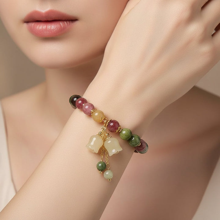 Fashion Natural Stone Bracelet Elegant Lily of the Valley Flower Pendant Elastic Beaded Bracelets for Women Party Jewelry Gift - Mountauk