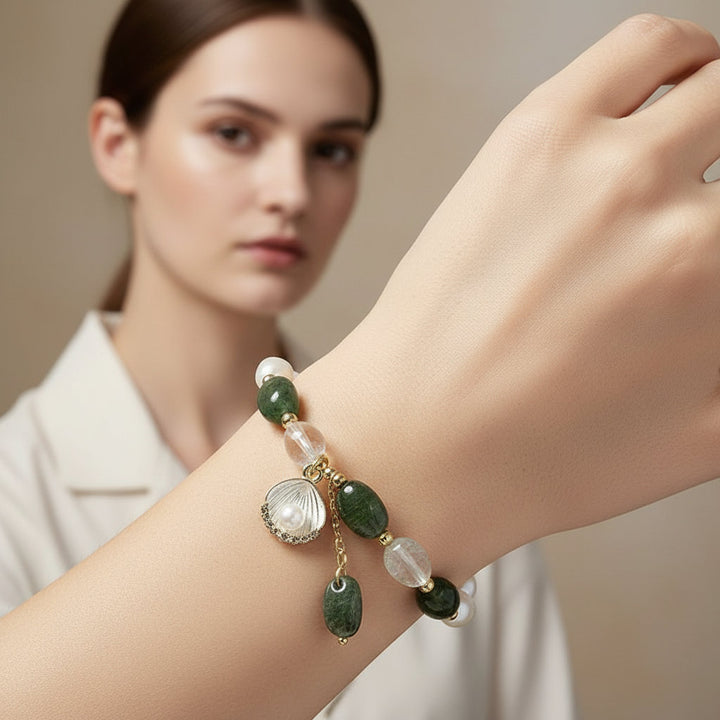 Lunar Bloom – Green Quartz, Golden Rutile & Pearl Bracelet for Emotional Wisdom, Feminine Growth & Aura Protection - Mountauk