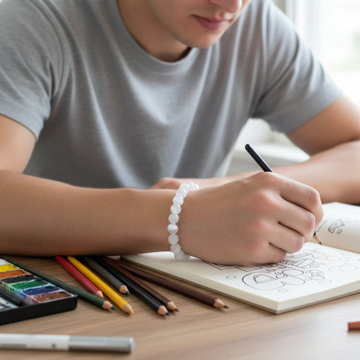 Elegant White Selenite Gemstone Bead Bracelet for Women & Men, 100% Real Gypsum, Yoga Gift - Mountauk