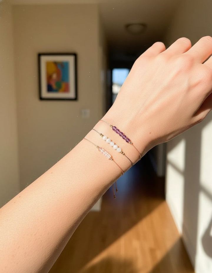 TranquilTriad – Amethyst, Moonstone & Rose Quartz Silk Bracelet Set for Emotional Balance & Inner Peace - Mountauk