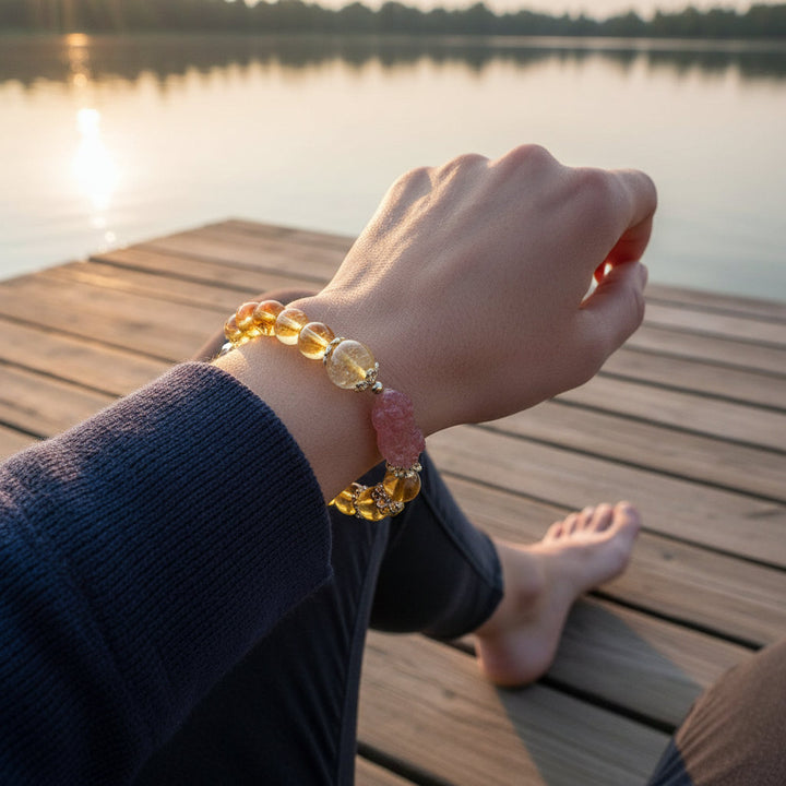 Celestial Vault – Citrine, Rutilated & Strawberry Quartz Pixiu Bracelet for Wealth, Protection & Love Attraction - Mountauk