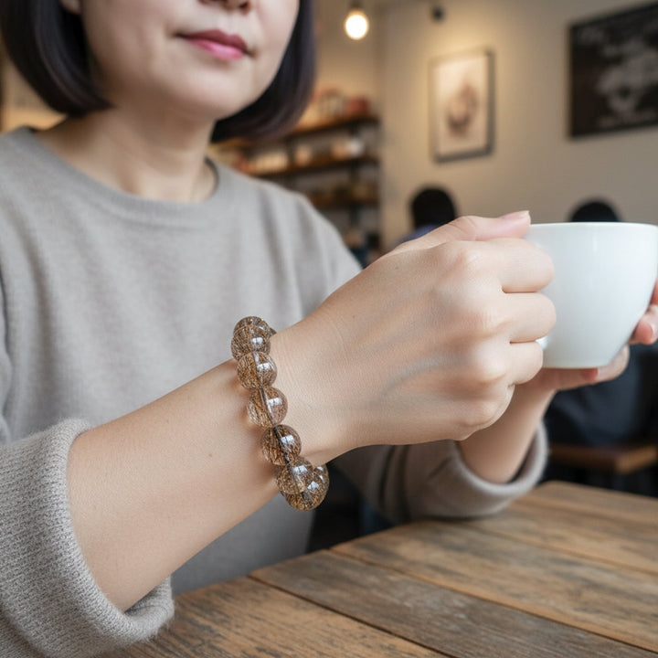 Natural Black Golden Super Seven Crystal Bracelet – Rutilated Quartz Healing Stone, Energy Alignment Jewelry for Women - Mountauk