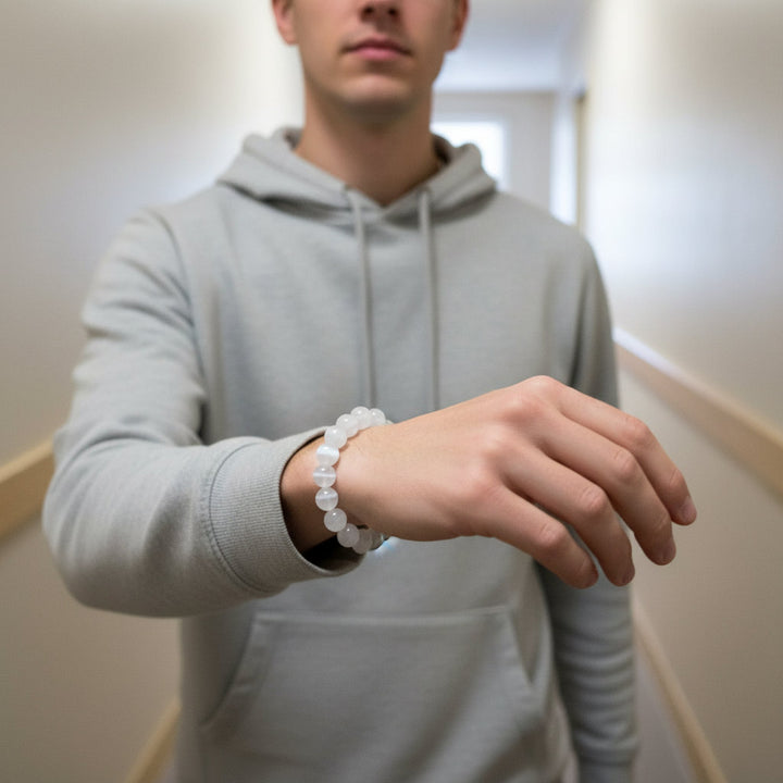 Elegant White Selenite Gemstone Bead Bracelet for Women & Men, 100% Real Gypsum, Yoga Gift - Mountauk