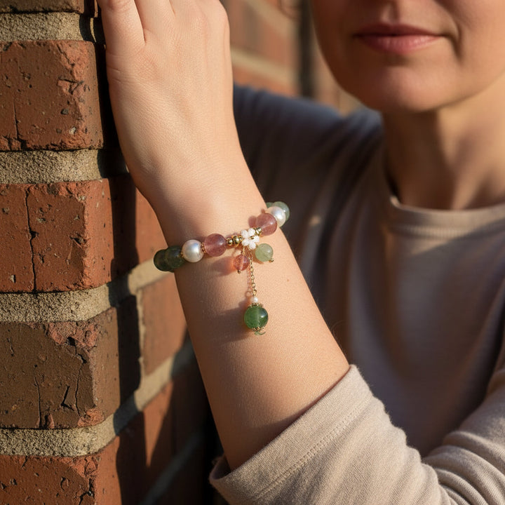 Verdant Bloom – Green Strawberry Quartz Floral Bracelet for Renewal, Creativity & Earth-Heart Harmony - Mountauk