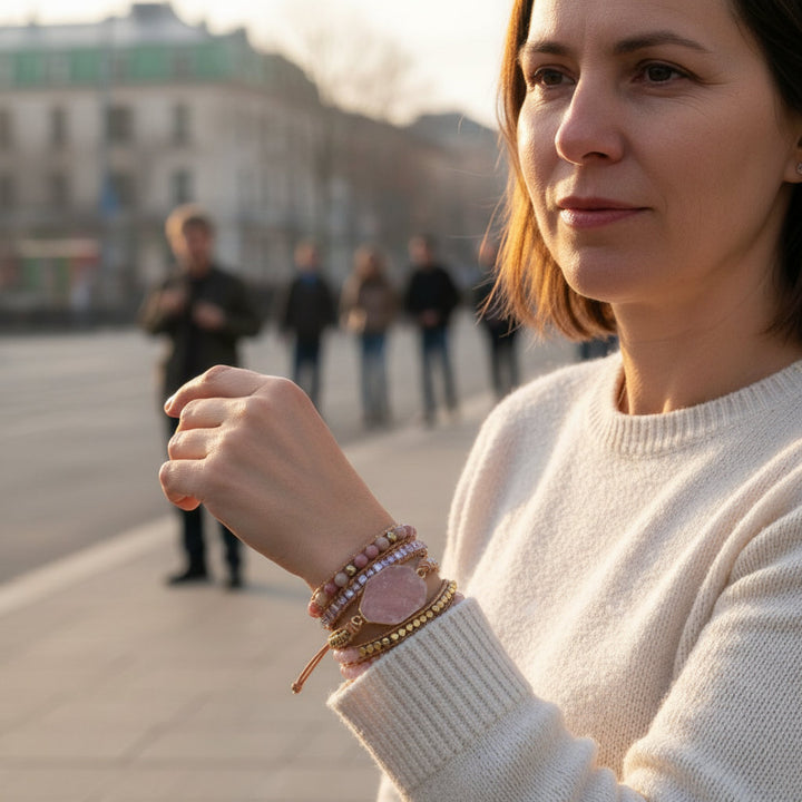 Rosebound Grace – 5-Strand Rose Quartz & Leather Wrap Bracelet for Love, Resilience & Bohemian Spirit - Mountauk