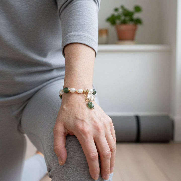 Lunar Bloom – Green Quartz, Golden Rutile & Pearl Bracelet for Emotional Wisdom, Feminine Growth & Aura Protection - Mountauk
