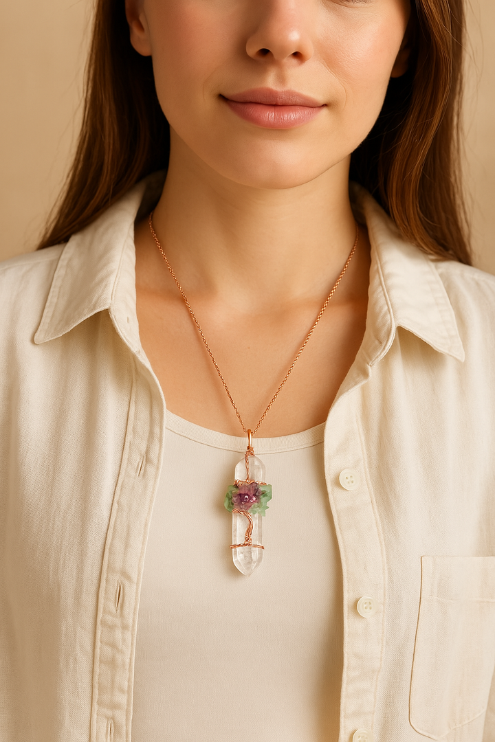 Natural Stone Rock Crystal Pendant Reiki Chakra Tree of Life Handmade Wire Wrapped Clear Quartz Pendant for Necklace - Mountauk
