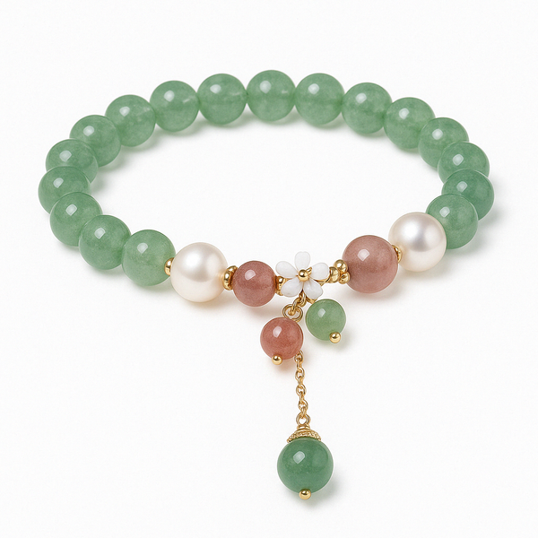 Verdant Bloom – Green Strawberry Quartz Floral Bracelet for Renewal, Creativity & Earth-Heart Harmony