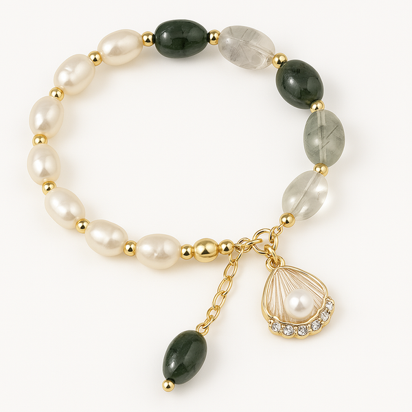 Lunar Bloom – Green Quartz, Golden Rutile & Pearl Bracelet for Emotional Wisdom, Feminine Growth & Aura Protection